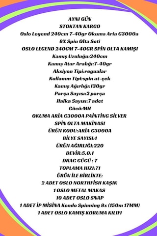 Oslo Legend 240cm 7-40gr Okuma Aria C3000a 8x Spin Olta Seti
