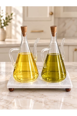 Qerhome Mermer Stantlı 2'li Glazzy Düz Tasarım Yağlık & Sosluk 500 Ml+ 500 Ml Şeffaf