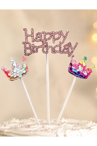 Pasta Üstü Çubuklu Happy Birthday Taşlı Pullu 3 Parça Süs Doğum Günü Parti Dekoru +3