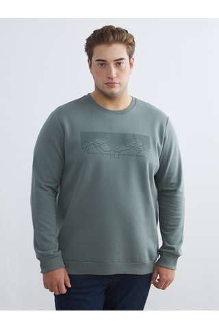 Lcwaıkıkı Classic Yeşil Büyük Beden Bisiklet Yaka Baskılı Erkek Kalın Sweatshirt