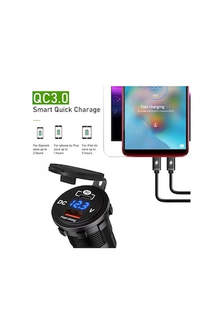Araç Usb Montaj Tipi Şarj Soketi Volt Göstergeli Hızlı Şarj 12v/24v