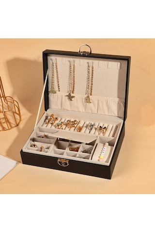 Mdl10- Siyah Takı Kutusu Kilitli Deri Görünümlü Takı Düzenleyici