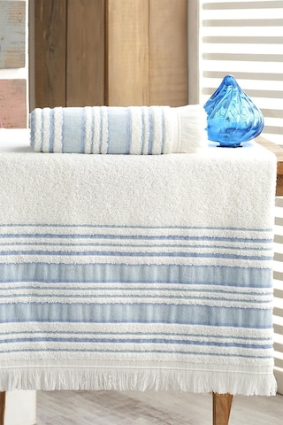 Louis Marie Saçak Detaylı Pamuklu Banyo Havlu Seti 2'li Mavi 50 x 90 + 70 x 140 CM Mavi