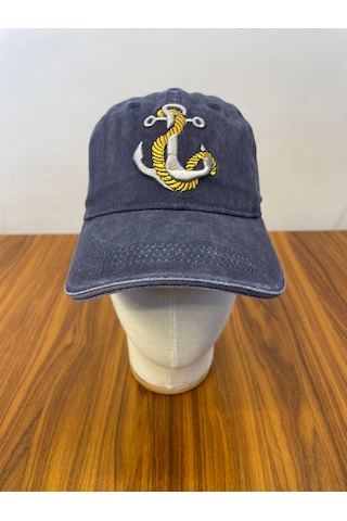 Hamze Çapa Nakışlı Denizci Yıkamalı Vintage Eskitme Unisex Cap Şapka Lacivert