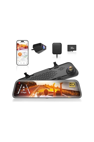 12" G840s 4k Ayna Dashcam, Ön & Arka Kamera, 5,8 Ghz Wifi, Ips Dokunmatik Ekran