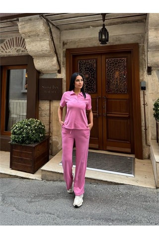WeShaya Pembe Polyester Elastan Polo Yaka Takım Pembe