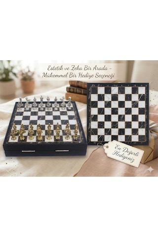 Kişiye Özel Osmanlı Bizans Temalı Lüks Metal Satranç Takımı 20cm Sandıklı Mermer Desenli Premium Set