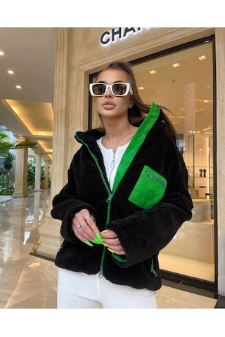 Munn Collection Kadın Uzun Kollu Renkli Cep Ve Fermuar Detay Peluş Mont Siyah