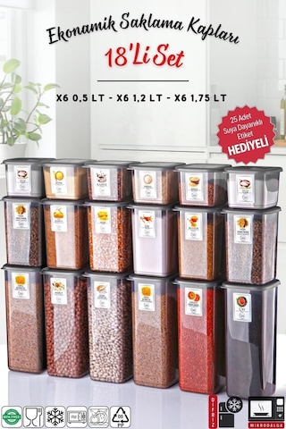 Nandy Home X6 Etiketli Antrasit Ekonomik Kırılmaz Saklama Kabı Seti 18'li - 1.75 - 1.2- 0.5 L Antrasit