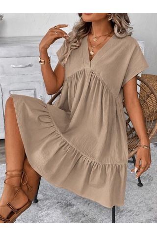 Butik İstanbul Kadın Kısa Kollu V Yakalı Fırfırlı Kısa Elbise Bej