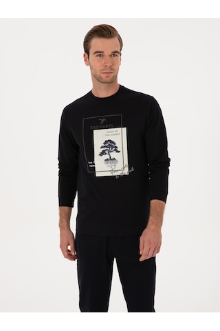 Lacivert Regular Fit Bisiklet Yaka Baskılı Sweatshirt
