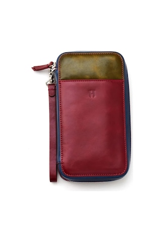 Carlye Uniseks Bordo Haki Deri Ön Cepli Bileklikli Fermuarlı Rfid Korumalı Çanta Haki