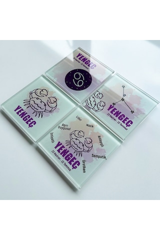 Cam Bardak Altlığı Burçlar - Yengeç Burcu 4'lü Takım Beyaz