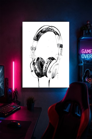 Minimal Oyuncu Kulaklığı Metal Duvar Tablosu Gamer Oda Dekoru Siyah Beyaz 30x40 Cm A3 Boyutunda