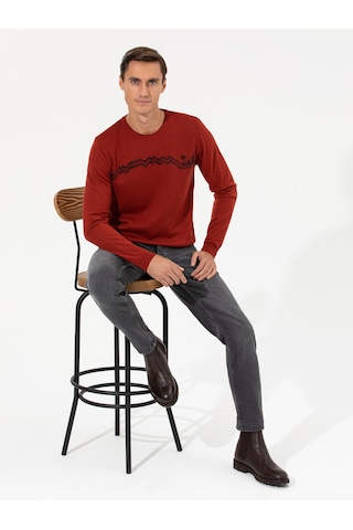 Cacharel Kiremit Slim Fit Bisiklet Yaka Triko Kazak Kırmızı