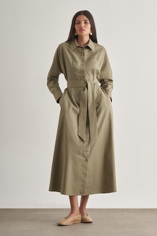 Mizalle Modal Karışımlı Kuşaklı Haki Uzun Gömlek Elbise Haki