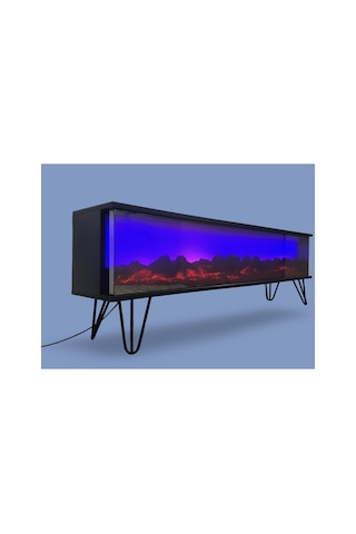 Tv Sehpası Full Şömineli Kumandalı Bluetooth Stereo Ses 6 Modlu Ünite 175 Cm Mdf Metal Ayak Siyah Ve Siyah Siyah Ve Siyah