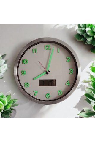 Fosforlu Termometreli Isı Ölçer Dijitalli Kabartma Rakam Beyaz Duvar Saati Metal Çap 30 Cm Beyaz