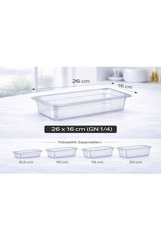 1/4 Gn Şeffaf Polikarbon Gastronom Küvet 26x16 Cm 20 Cm Derinlik