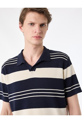 Koton Regular Fit Polo Yaka Çizgili Kısa Kollu Triko Tişört Ekru Çizgili 6sam70045ht