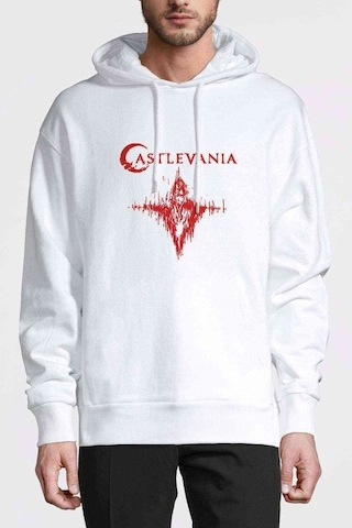 Castlevania Dracula Beckons Baskılı Beyaz Erkek Kapşonlu Sweat