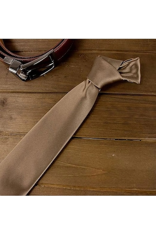 Tezzgelsin Erkek Saten Kravat ve Mendil Set Açık Kahve Açık Kahverengi