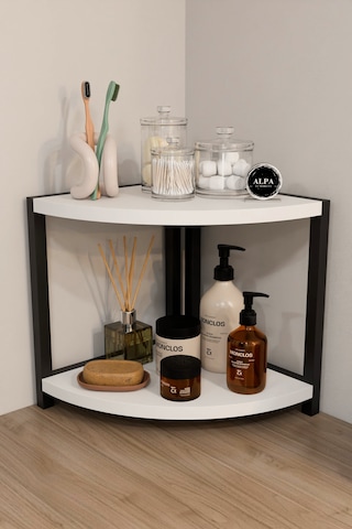 İki Raflı Banyo Köşe Oval Düzenleyici Organizer Raf Metal Gövdeli Çok Amaçlı Banyo Standı Beyaz