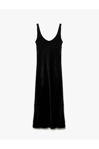 Koton Slim Fit Kolsuz U Yaka Kalın Askılı Uzun Saten Elbise Siyah 6wak80025uw Siyah