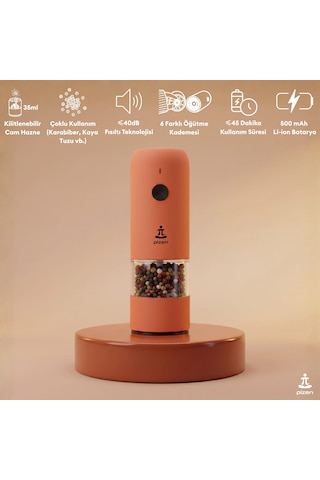 Pizen Windmill Usb Şarjlı Otomatik Baharat Öğütücü Led Işıklı Ayarlanabilir Tuz Karabiber Değirmeni Turuncu