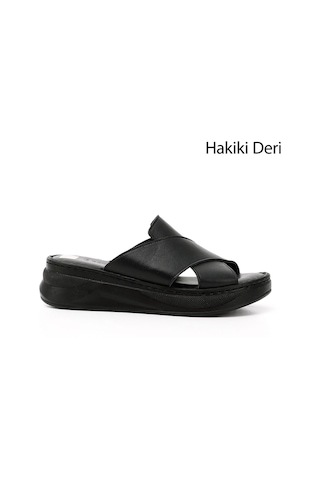Gönderi(R) Gönderi R Siyah Çapraz Bantlı Dolgu Topuk Hakiki Deri Comfort Terlik Siyah