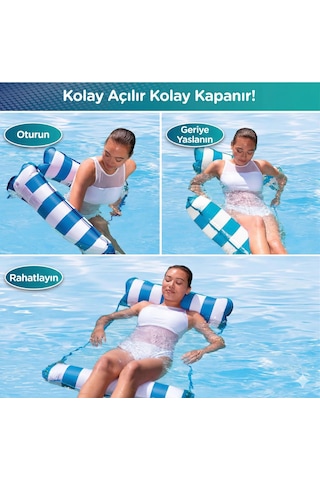 Hava Yastıklı Fileli Şişme Havuz Koltuğu 4'ü 1 Arada Deniz Ve Havuz Yatağı Mavi