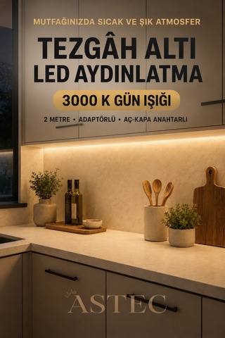 Astec Mutfak Dolabı Tezgah Üstü İçin 2 Metre Gün Işığı 12v Adaptörlü Aç Kapa Anahtarlı Şerit Led Işık Günişiği