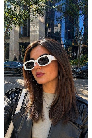 Kadın Şeffaf Güneş Gözlüğü Siyah Cam Dikdörtgen Çerçeve Retro Y2k Vintage Uv400 Beyaz
