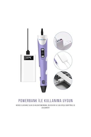 Mor 3D Kalem 3D Pen 3 Boyutlu Yazıcı Kalem 3 Renk 9 Metre Filament + USB KABLO