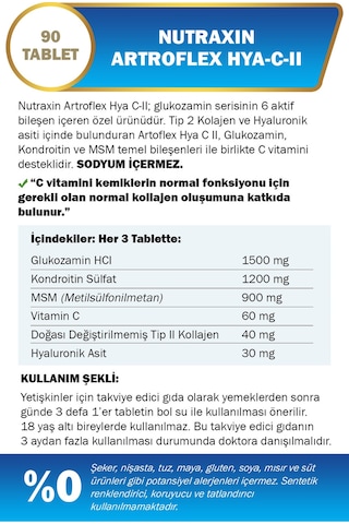 Nutraxin Artroflex HYA-C-II 90 Tablet–Tip II Kolajen, Glukozamin, MSM, Hyaluronik Asit Eklem Destek Takviyesi