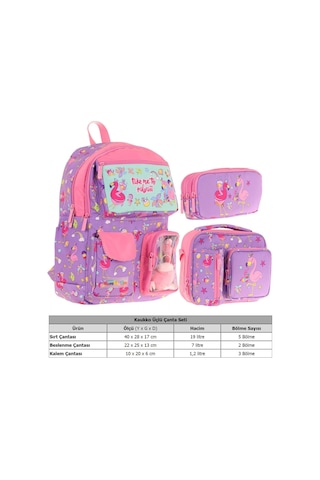 Kaukko Kids Kız Çocuk İlkokul Okul Çantası Seti - Peluş Flamingolu - Mor Pembe L5240+l7240+l8240 Mor - Pembe