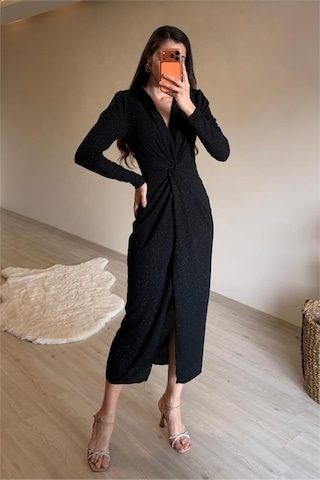 Neşeli Butik Kadın Siyah Bel Büzgü Detaylı Yırtmaçlı Midi Boy Abiye Elbise Nm027 Siyah