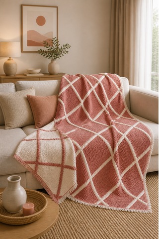 Premium Geometrik Kare Desenli %100 Pamuk Müslin Çift Taraflı Yatak Örtüsü Pike 220x240 Çift Kişilik Kiremit