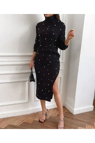 Kadın Balıkçı Yaka Inci Detay Kazak Ve Yırtmaç Detay Etek Fırsat Ürün Ikili Takım Siyah
