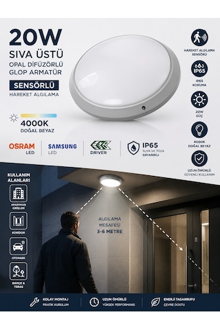 Gecem 20w 4000k Ip65 Sensörlü Sıva Üstü Opal Difüzörlü Led Glop Armatür Ilık Beyaz