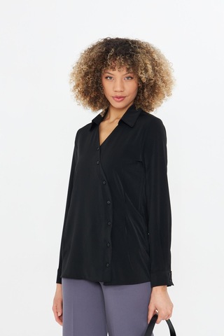 Asimetrik Pile Detay Gömlek Siyah Siyah