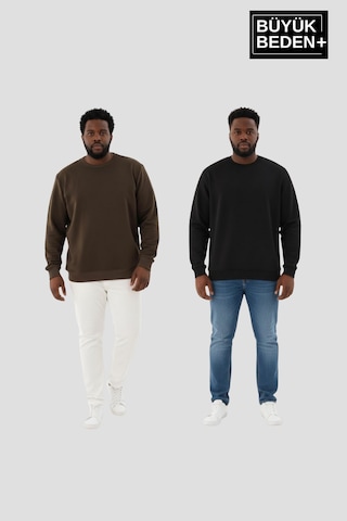 Süperlife Erkek Büyük Beden İkili Bisiklet Yaka 2 Li Set -rahat Kalıp İnce Sweatshirt Spr26bsw956+2 Black-haki