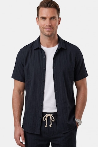 Deep Sea Deepsea Lacivert Slim Fit Çizgi Dokulu Keten Görünümlü Kısa Kol Erkek Spor Gömlek 2602648