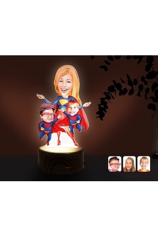 Kişiye Özel Süper Anne Ve Çocuklar Karikatürlü Dekoratif 3D Biblo