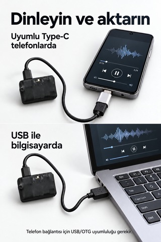 32 Gb Mini Ses Kayıt Cihazı 10 Güne Kadar Kesintisiz Kayıt, Sese Duyarlı, Kulaklık Ve Type-c Otg