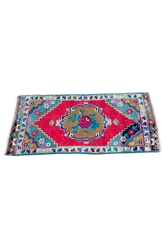 El Dokuma Eskitme Karabağ Halısı 55x115 Kırmızı Yeşil Yastık Kırmızı