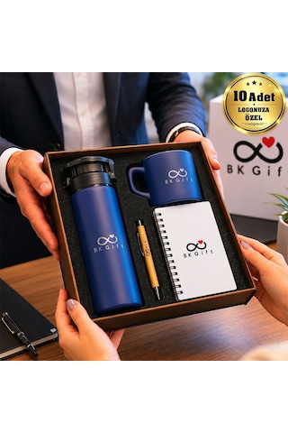 Logonuza Özel 10 Adet Ahşap Kutulu Lacivert Kurumsal Hediye Seti Cam Suluk, Seramik Fincan, Defter Ve Kalemli Promosyon Seti