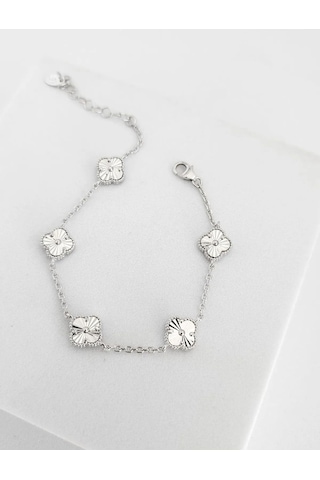 Erkek Kadın Gümüş Bileklik - 4 Yapraklı Yonca 5'li Lazerli Model Rhodium Kaplama Işıklı Kutuda Beyaz