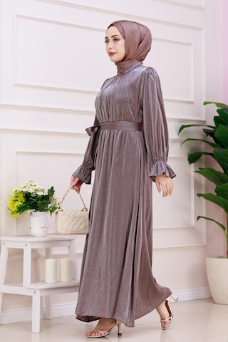 Kolu Volanlı Simli Alya Abiye-kahverengi-4871