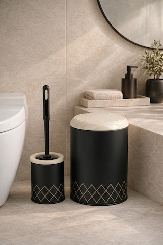 Geometrik Zikzak Desenli 2'li Banyo Seti Siyah